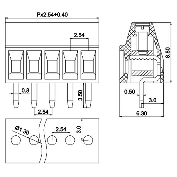 Bloque Terminal de Tornillo PCB 2.54mm 150V 6A – 2P / 3P / 4P