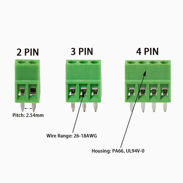 Bloque Terminal de Tornillo PCB 2.54mm 150V 6A – 2P / 3P / 4P