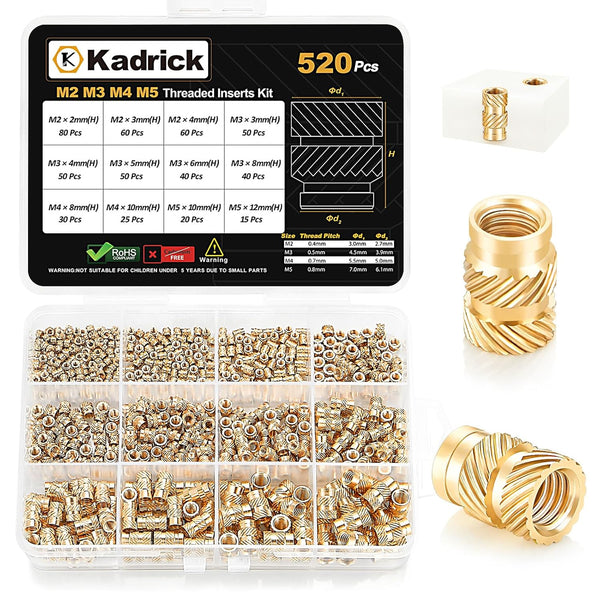 Insertos Roscados de Latón Kadrick M2 M3 M4 M5 para Impresión 3D (Kit 520 Piezas)