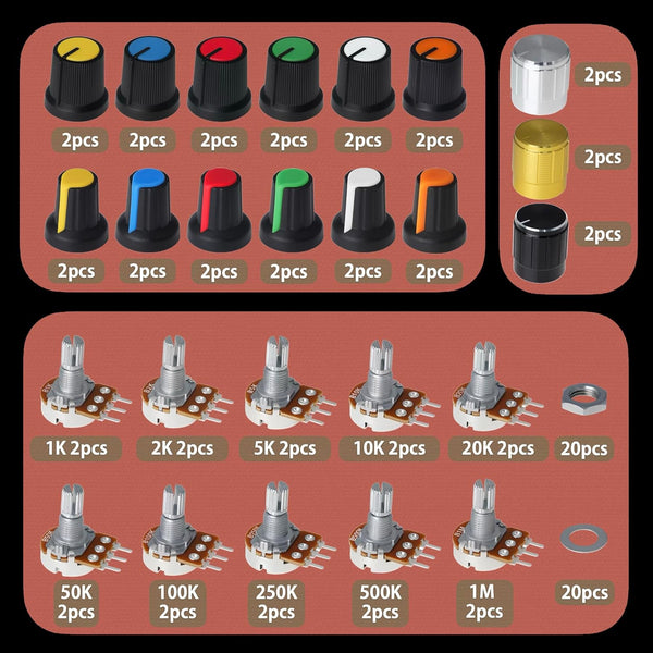 Kit de Potenciómetros Lineales WH148 1K–1M EEEEE con Perillas (84 Piezas)